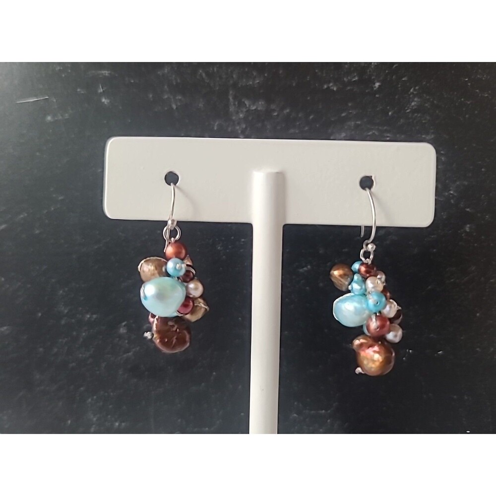 925 Sterling Silver Multicolored Pearl Beaded Dangling Pierced Earrings Vintage